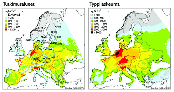 Kartta: Tutkimusalueet ja typpilaskeuma.